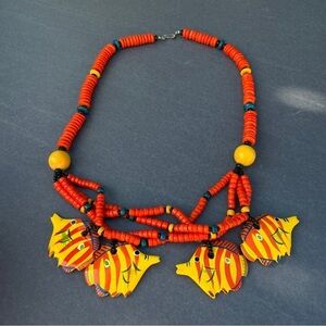 Vintage Coconut Wood Tropical Fish Pendant Necklace
